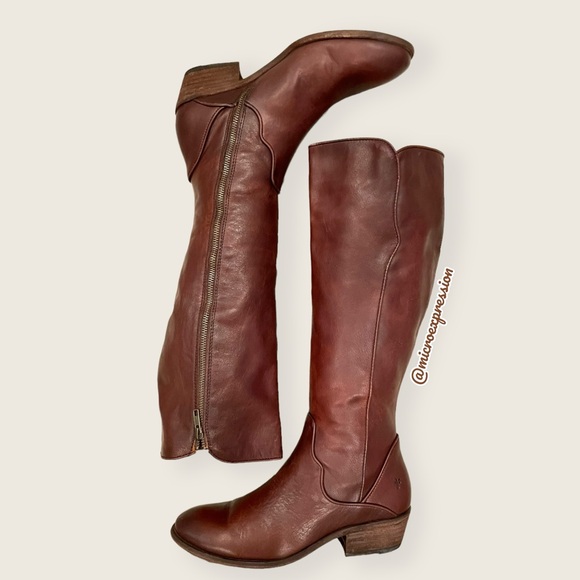 $429 Frye Carson Piping Cognac Brown Leather Tall Zip Up Fall/Winter/Spring Boot - Picture 8 of 16
